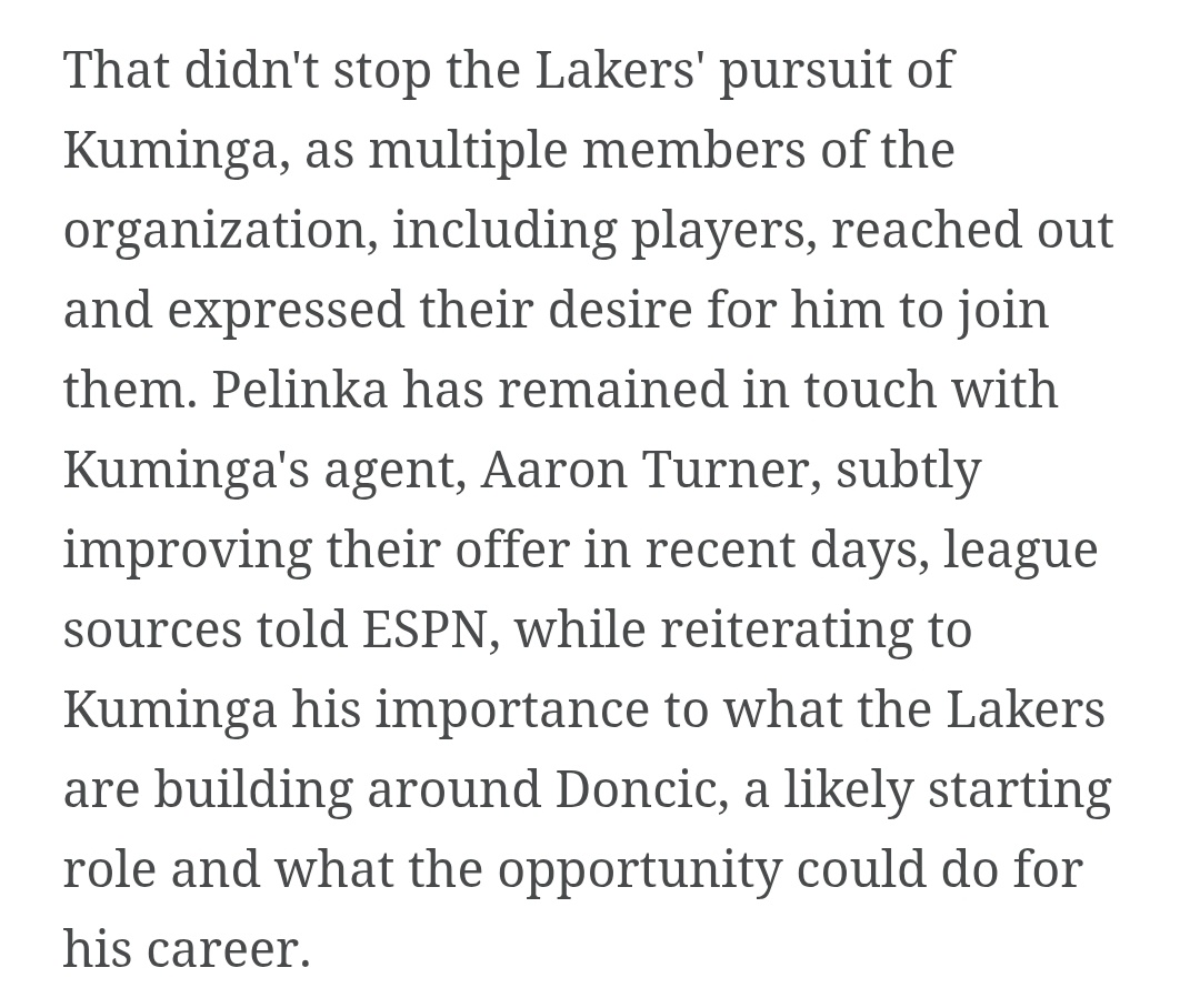 F_rederic_k's tweet photo. My 2 cents on the Jonathan Kuminga sign-and-trade. I will attach screen grabs from the ESPN article below for context:

1. Luka Doncic wheeling and dealing for the Lakers again. This feels like a fundamental shift from the LeBron James era in how the front office relates to its franchise cornerstone. Luka seems way more willing to help recruitment. He already did the heavy lifting pitching Deandre Ayton and Marcus Smart last summer. LuGM 

2/ The Lakers give Kuminga the clearest runway to a starting spot amid a competitive situation. That could open the door for his camp to compromise on the deal. That said, agent Aaron Turner is known for being a tough negotiator who uses every lever available.

3/ Cleveland’s reported interest looks like classic negotiating leverage from Kuminga’s side. The Cavs are all-in on LeBron James right now. How do they realistically sign both LeBron and Kuminga while staying close to the second apron? Very hard. They’ll probably only pivot to JK if the LeBron reunion falls through.

4/ Lakers are offering a two-year $20 million deal with a player option in year two. A sign-and-trade would let LA retain his Bird rights and make a more competitive offer next season if he opts out. Kuminga likely wants long-term financial security instead of heading into unrestricted free agency for the third straight year.

5/ Hawks will want compensation (one or more of those available 2nd-round picks). To sweeten the offer for Kuminga, it may require a three-team sign-and-trade to make the cap and roster numbers work.