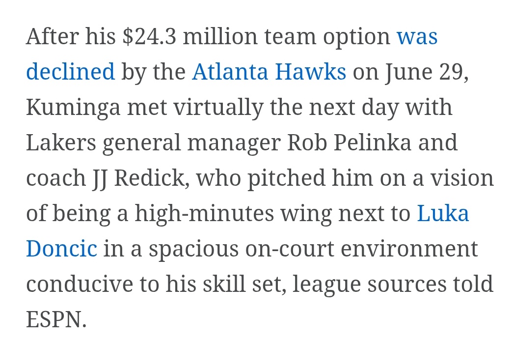 F_rederic_k's tweet photo. My 2 cents on the Jonathan Kuminga sign-and-trade. I will attach screen grabs from the ESPN article below for context:

1. Luka Doncic wheeling and dealing for the Lakers again. This feels like a fundamental shift from the LeBron James era in how the front office relates to its franchise cornerstone. Luka seems way more willing to help recruitment. He already did the heavy lifting pitching Deandre Ayton and Marcus Smart last summer. LuGM 

2/ The Lakers give Kuminga the clearest runway to a starting spot amid a competitive situation. That could open the door for his camp to compromise on the deal. That said, agent Aaron Turner is known for being a tough negotiator who uses every lever available.

3/ Cleveland’s reported interest looks like classic negotiating leverage from Kuminga’s side. The Cavs are all-in on LeBron James right now. How do they realistically sign both LeBron and Kuminga while staying close to the second apron? Very hard. They’ll probably only pivot to JK if the LeBron reunion falls through.

4/ Lakers are offering a two-year $20 million deal with a player option in year two. A sign-and-trade would let LA retain his Bird rights and make a more competitive offer next season if he opts out. Kuminga likely wants long-term financial security instead of heading into unrestricted free agency for the third straight year.

5/ Hawks will want compensation (one or more of those available 2nd-round picks). To sweeten the offer for Kuminga, it may require a three-team sign-and-trade to make the cap and roster numbers work.