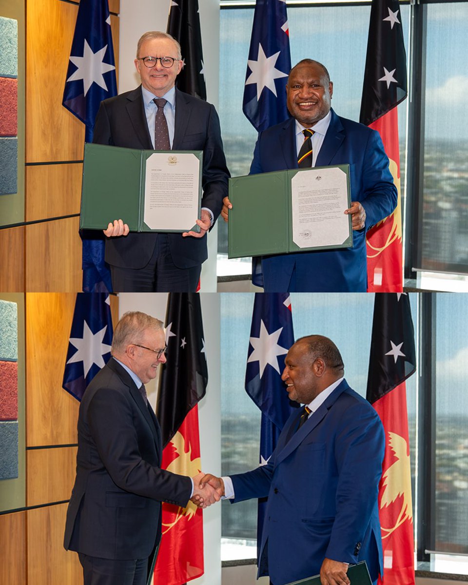 AlboMP's tweet photo. Today, Australia and Papua New Guinea began a new chapter, becoming allies under the Pukpuk Treaty.

Built on respect and our shared history, this Treaty reflects our commitment to the security of our region.

Our two countries will keep walking together, side by side. 🇦🇺🇵🇬 https://t.co/VpXfCIc07i