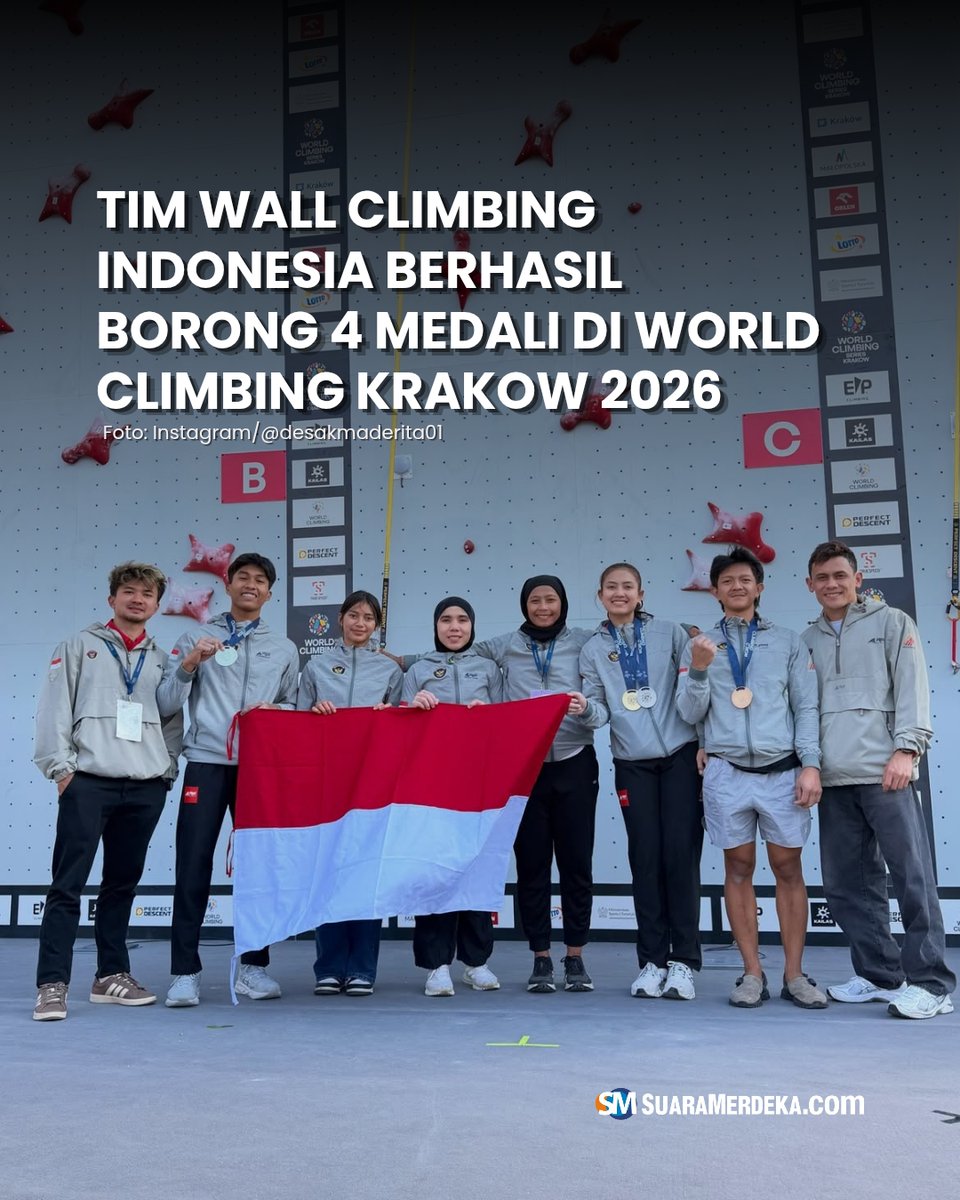 suaramerdeka's tweet photo. Caborwall climbing Indonesia kembali berprestasi di kancah dunia. Pasukan Merah Putih sukses membawa pulang 4 medali ke Tanah Air setelah berjuang dalam Kejuaraan Dunia World Climbing Krakow 2026.
#suaramerdeka #wallclimbing #indonesia #panjattebing #desakmaderita https://t.co/KHpCi74CIf