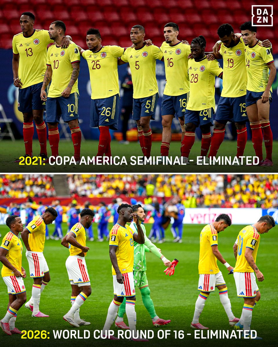 DAZNFootball's tweet photo. Colombia’s penalty shootout record since 2018: ❌❌✅❌❌

Eliminated in 4 of their last 5 shootouts😳

#WorldCup #CopaAmerica https://t.co/FDhefBBuiy