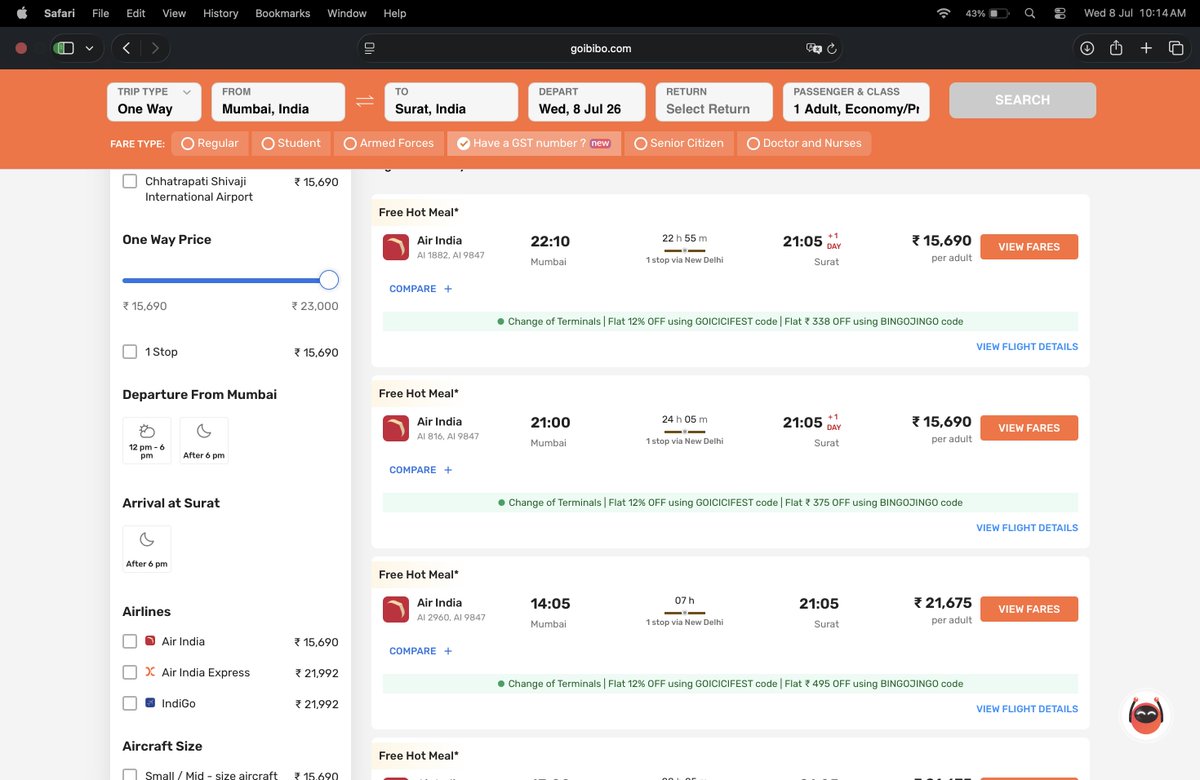 AdityaSamdani09's tweet photo. Mumbai is flooded, trains stuck for days. Airline fares out of Mumbai have surged sharply. @IndiGo6E @AirIndia @AirIndiaX @AkasaAir @DGCAIndia @PMOIndia @katchannaidu @JM_Scindia add flights, lower fares. This is a humanitarian moment, not a pricing opportunity. #MumbaiFloods https://t.co/oTqYZ3Yf4n
