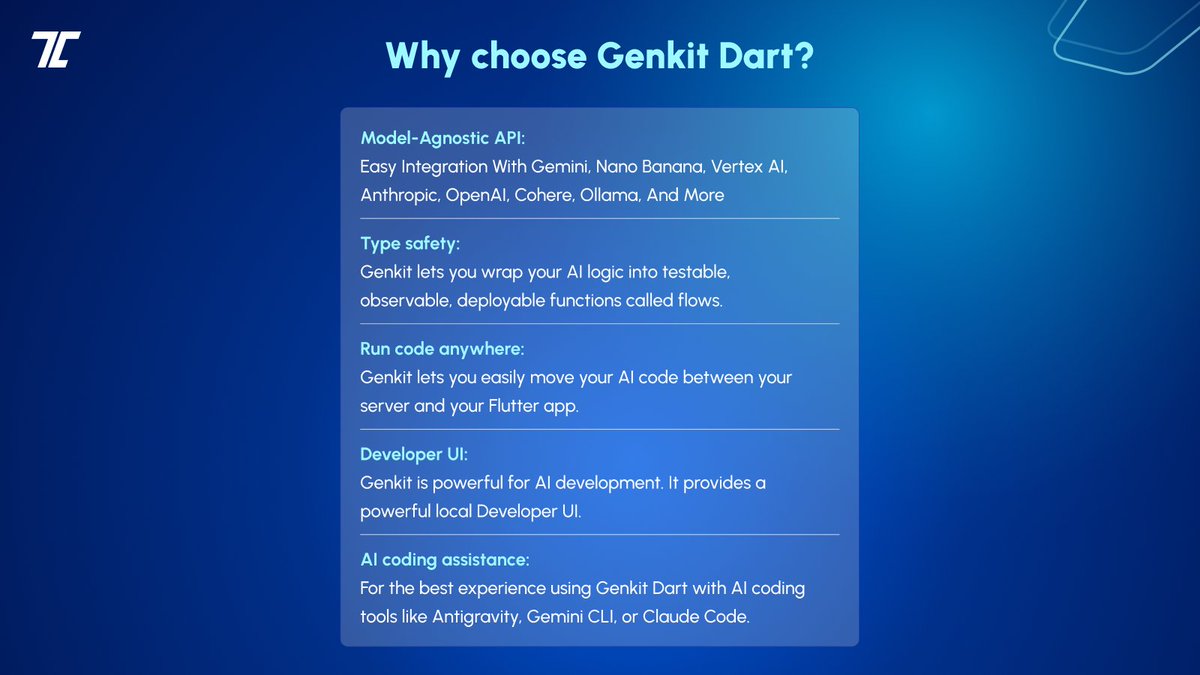 Tecocraft's tweet photo. AI for Flutter made easy with Genkit for Dart 🤖
Connect models, build reusable AI workflows, and deploy smarter apps in less time without having to write everything from scratch.
Great for #chatapplications, RAGs, and AI functionality in #mobileapps.
#Flutter #Dart #Genkit https://t.co/VyX3AklwY0