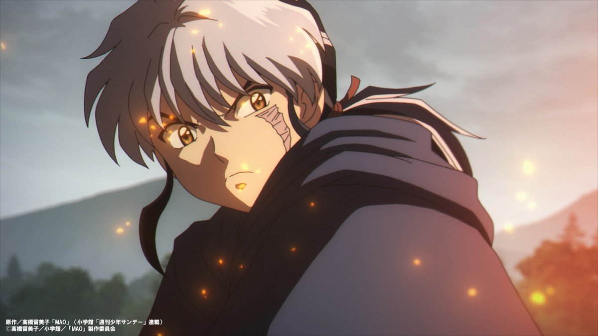 MAOanimation's tweet photo. ＼次回7月18日は2話連続放送／
⬟━━━━━━━━━━━━━━⬟
　　　TVアニメ『MAO』
第16話あらすじ&先行カット公開
⬟━━━━━━━━━━━━━━⬟

⬟第16話「白眉」⬟
鉄仮面の男は御降家の兄弟子、白眉だった。白眉も平安時代、百火や華紋と同じく五色堂に呼ばれたという。白眉は摩緒を御降家の怨敵とみなし、金の術を駆使した猛攻を仕掛けるが、摩緒は獣姿に変化し暴走してしまう。

＃アニメMAO 第16話
7月18日(土)24時10分～NHK総合にて放送開始
※放送は変更となる場合がございます。

🔗https://t.co/11hEOM0Gxe