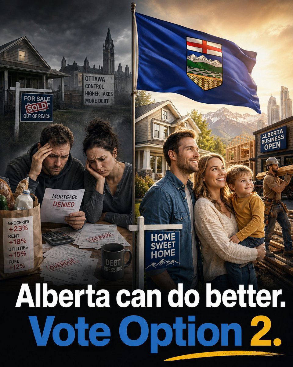 ikwilson's tweet photo. Alberta’s greatest responsibility is to the next generation.

If we want our children to own homes, find opportunity, build businesses, and raise families here, Alberta needs control over its future.

On Oct. 19, vote Option 2 — for leverage, fairness, and a future worth staying for. We can do better.