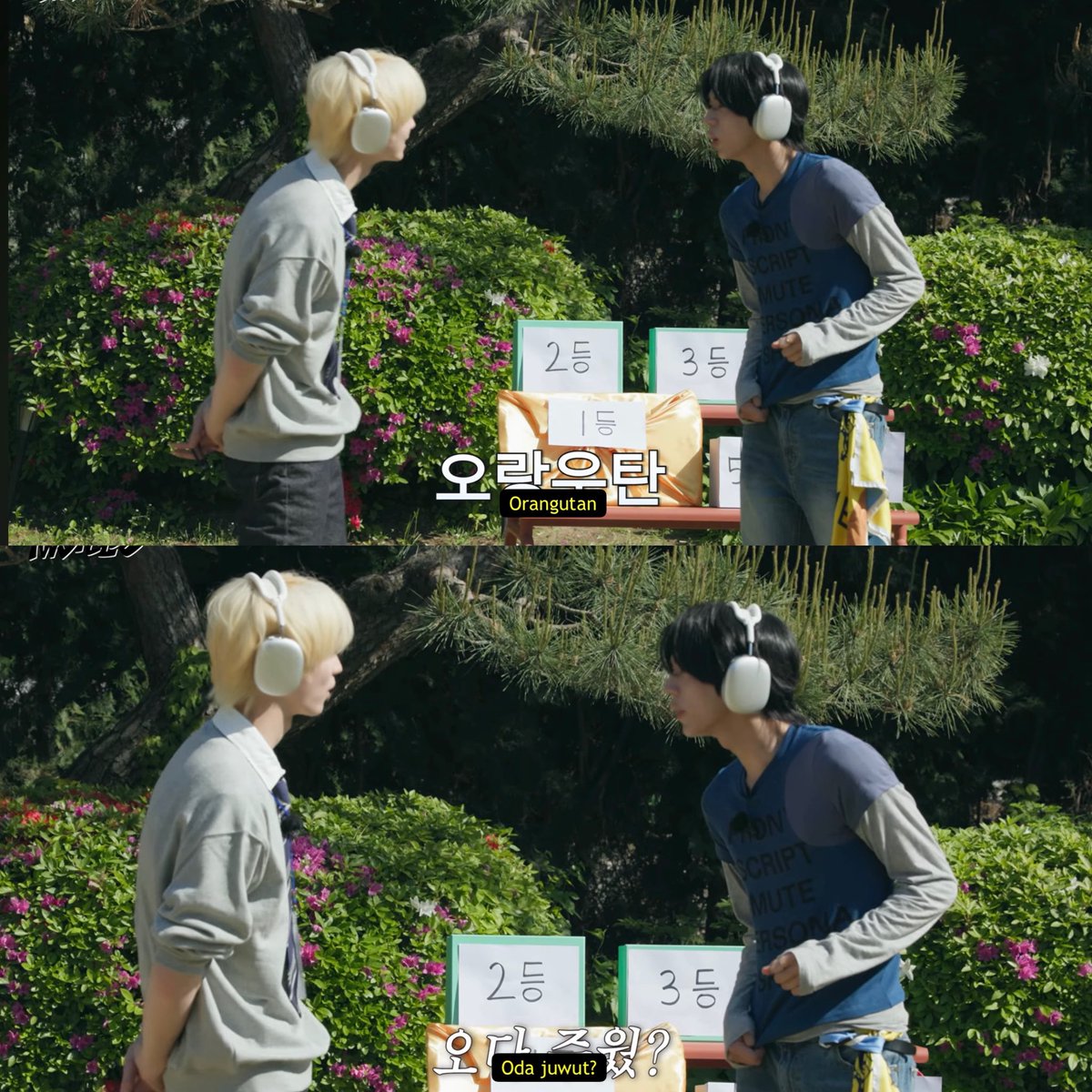 dohoonbliss's tweet photo. nobody is perfect so the universe made dohoon extremely bad at whisper game 🤣

tws club ep. 31
🦒 uri debwigok (our debut song)
🐺 uri saneun got (our living space)??

tws club ep. 59
🦒 orangutan
🐺 oda juwut?? https://t.co/Zol55De7me