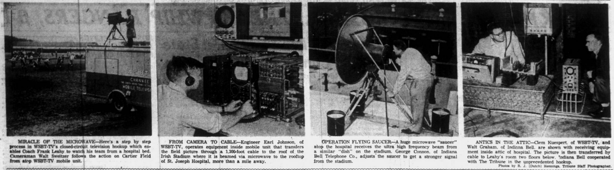 ZappaOMatic's tweet photo. In 1953, after collapsing from pancreatitis in the locker room, Notre Dame HC Frank Leahy was sent to St. Joseph's Hospital.
WSBT-TV set up a microwave TV and phone by his bed while a truck with a 1,200-ft cable filmed practice so he could watch and talk.
#CFB #NDFB #GoIrish https://t.co/JN5zpIVSVg
