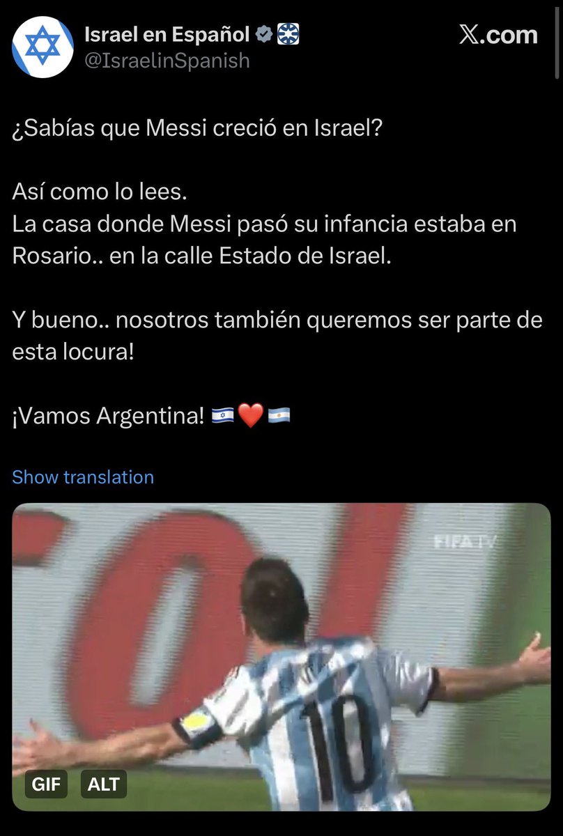 Zorroir2's tweet photo. Se acuerdan de este tuit que subió la cuenta oficial del estado de Israel en español sobre Messi???
Pues ya lo borraron jajaja, saquen sus conclusiones de eso. https://t.co/ploi61a3zq