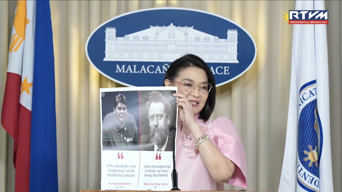 PhilippineStar's tweet photo. ‘MAY NAGIGING BASEHAN NA SI BISE PRESIDENTE’

Palace Press Officer Usec. Claire Castro reacted to the brief statement of Vice President Sara Duterte on Tuesday.

“Ating nadinig at napanood ‘yung sinabi niya, ‘In this bloodbath and bludgeoning, I will be bloodied but unbowed.’ Meron siyang naging basehan at nakita rin natin ‘to sa social media, mula kay William Ernest Henley, ‘Invictus,’” she said in a press briefing on Wednesday.

“Ikinatuwa natin sa ngayon may nagiging basehan na si Bise Presidente ng kanyang mga sinasabi,” Castro added. (Screenshots/RTVM) 

LIVESTREAM: https://t.co/OPvIMjwrrV