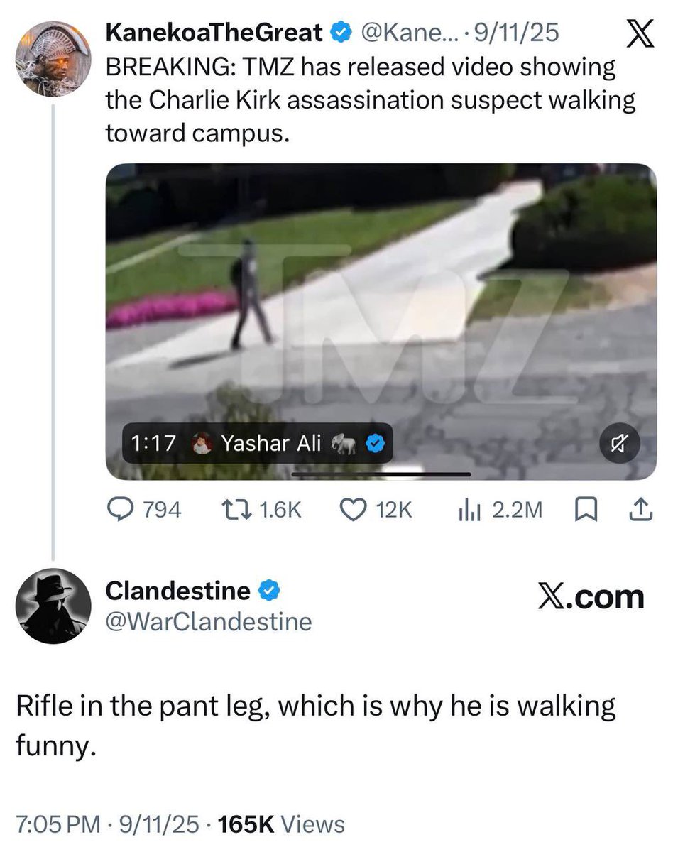 GoldenDoom1776's tweet photo. While the clickbait influencers had you all on wild Jew chases, I called it correctly the day after Charlie was murdered.

I told you all from the beginning, that Robinson had the rifle in his pant leg, hence why he had the funny gait.

All the facts have always pointed to Robinson being the shooter, and all the imbeciles who claimed they were “chasing the facts”, were just enriching themselves off of Charlie’s murder. They weren’t chasing the facts. The facts were right in front of them the entire time, and they ignored them.

All the people who claimed I was not looking for the facts, or that I was a Mossad agent covering for Israel, etc., you all were wrong and owe me hundreds of thousands of apologies.

Myself, and anyone with a functioning brain, had it figured out immediately. If you were following me, you were properly informed the entire time. If you were following the Israel-obsessed clickbait influencers, you’ve been deceived, and have been unjustly terrorizing Charlie’s family, while simultaneously running cover for Left-wing terrorism…