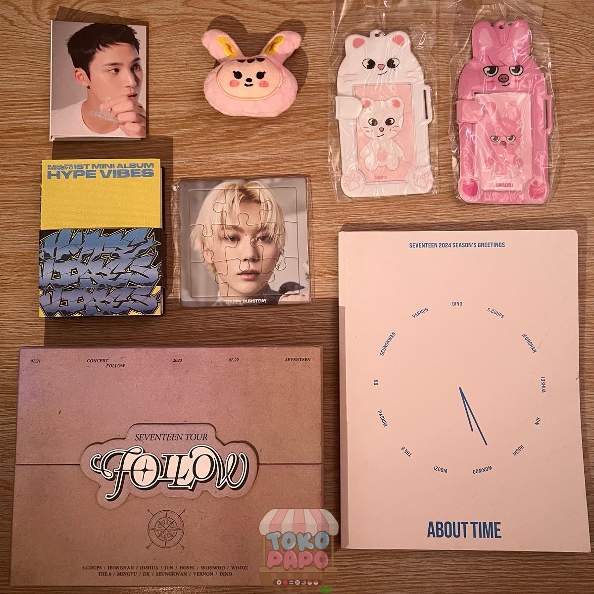 tokopapo's tweet photo. ᯓ★ GIVEAWAY by tokopapo 💖

✨Rules:
- Follow our X & instagram account ( https://t.co/G2bZ5oyrKe )
- RT & like this post
- RT & like our pinned post on profile
- Comment “GO SVT” / “GO SKZ” & send proofs on this post
- Join GO SVT/SKZ
SVT https://t.co/wBhrMWUsu7
SKZ https://t.co/xcx1ASNeln
- The winner must complete all given steps above

📝 Note
- Gift depends on ur comment (SVT/SKZ)
- 1 gift for 1 winner (total 8 winners)
- Gift claim by shopee (checkout Rp 3.000 for admin fee)
- We will use Wheel of Names tools to pick the winner
- Winner announcement: 15th July 2026 

Gift on pic 💖
- CxM Hype Vibes Album Only Combi ver
- Puzzle SVT Seungkwan Happy Burstday
- Binder SVT Mingyu Dear ver
- SVT SG24 About Time (sponsored by kak sandy GO SVT)
- SVT Follow Tour Outbox Only (sponsored by kak junaiy GO SVT)
- Keyring miniteen jjongtoram (unofficial)
- Photocard holder SKZOO Leebit (unofficial)
- Photocard holder SKZOO Dwaekki (unofficial)

Good luck! 🥰🤗
#giveaway #SEVENTEEN #STRAYKIDS