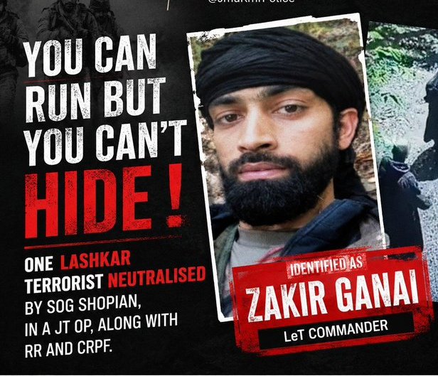 Its_officialX_'s tweet photo. LeT commander Zakir Ganai has been neutralised in a joint anti-terror operation in #Shopian. A significant success for the security forces as operations continue to counter terrorism and protect lives in the region.
@adgpi
@JmuKmrPolice @ZPHQJammu #Kashmir https://t.co/rp2xXx4gWZ