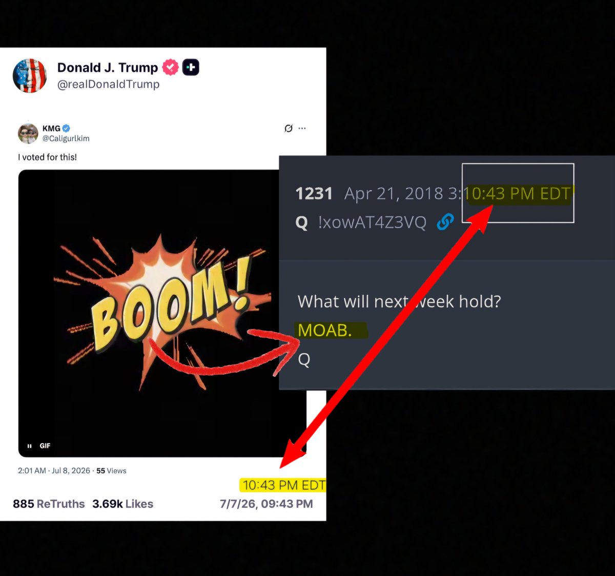 TheRipCord's tweet photo. President Trump reposts  a picture of a "BOOM" 👈 at 10:43 PM EDT.

Q Post # 1231 dated April 21, 2018 at 3:[10:43 PM EDT]:

What will next week hold? 
MOAB. 👈
Q https://t.co/Sv1yUNrqD2