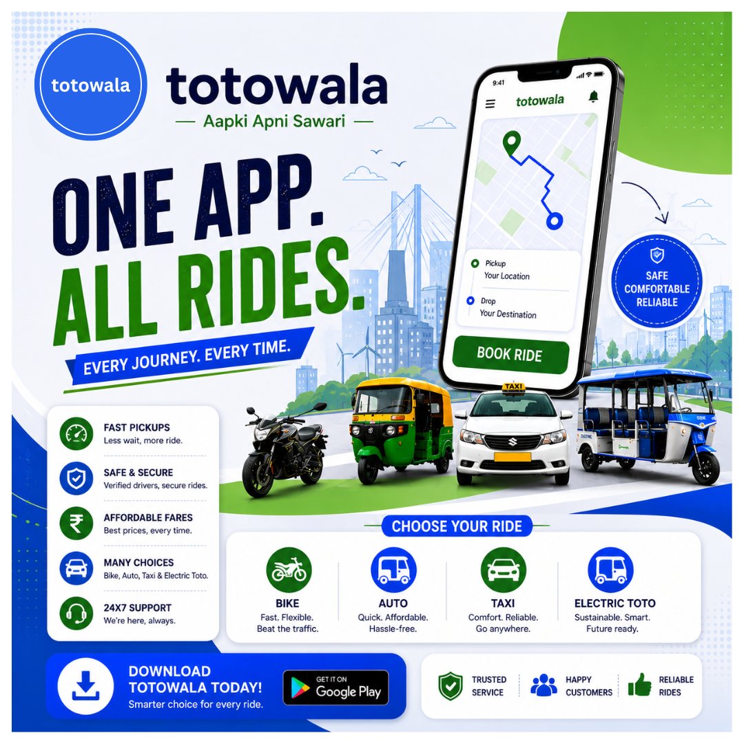 totowalaindia's tweet photo. 🚖 One App. All Rides. Every Journey. Every Time.
Fast pickups, affordable fares, and trusted drivers—all in one app.
📲 Download Totowala – Aapki Apni Sawari today!#Totowala #OneAppAllRides #RideSmart #SafeTravel #EasyBooking #AffordableRides #AapkiApniSawari https://t.co/EEWFFT6V6H