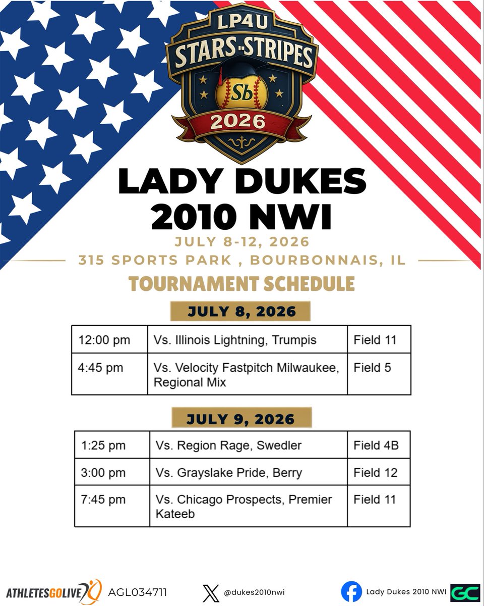 IMGClancy's tweet photo. LP4U Stars and Stripes starts Weds July 8th.   Here is our schedule.    Should be a fun event.  As Ben Johnson reminds us…….
"Good, better, best! Never let it rest! Till your good gets better, and your better gets best:)
@DuncanKrenkel 
@OThornberry2029 
@analiya2010 
@addyclancy2029 
@JordynAlena28 
@BraelynnS2029 
@CoraKDavis_70 
@ryleegeib2029 
@Leah_Nashkoff 
@AutumnDukes27 
@white22ladyduke
#bluemagic
@CoastRecruits
 @LineDsoftball 
@SBRRetweets
 @ExtraInningSB 
@TOP_D1RECRUITS
@LegacyLegendsS1 
@CoastRecruitsSB
@DePaulSB
@NDSoftball
@RamblersSB
@UIC_Softball
@NIUSoftball
@LewisSoftball
 @gatorjack72 
@D1Softball
@ToryMarieLewis
@maxpreps
@toppreps
@prepsoftball
@softbalamerica
@tagupsoftball
@midwestpremiers
@NWISports