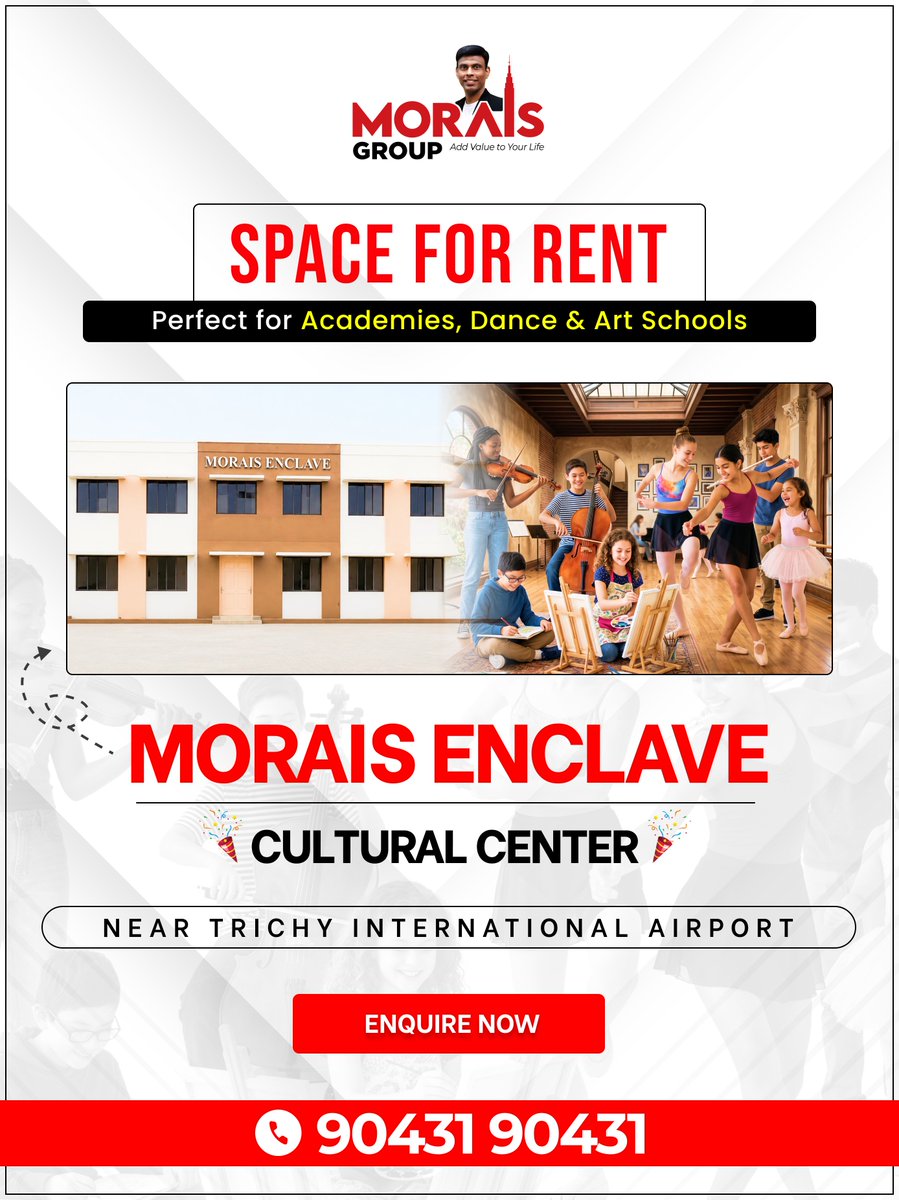 MoraisCity's tweet photo. Looking for the right space to start or expand your academy?
Morais Enclave โ Cultural Center offers space for rent near Trichy International Airport, perfect for academies, dance schools, art schools, and activity-based learning centers.
Enquire Now
๐ 90431 90431
#spaceforrent https://t.co/kN7uwUNZR1