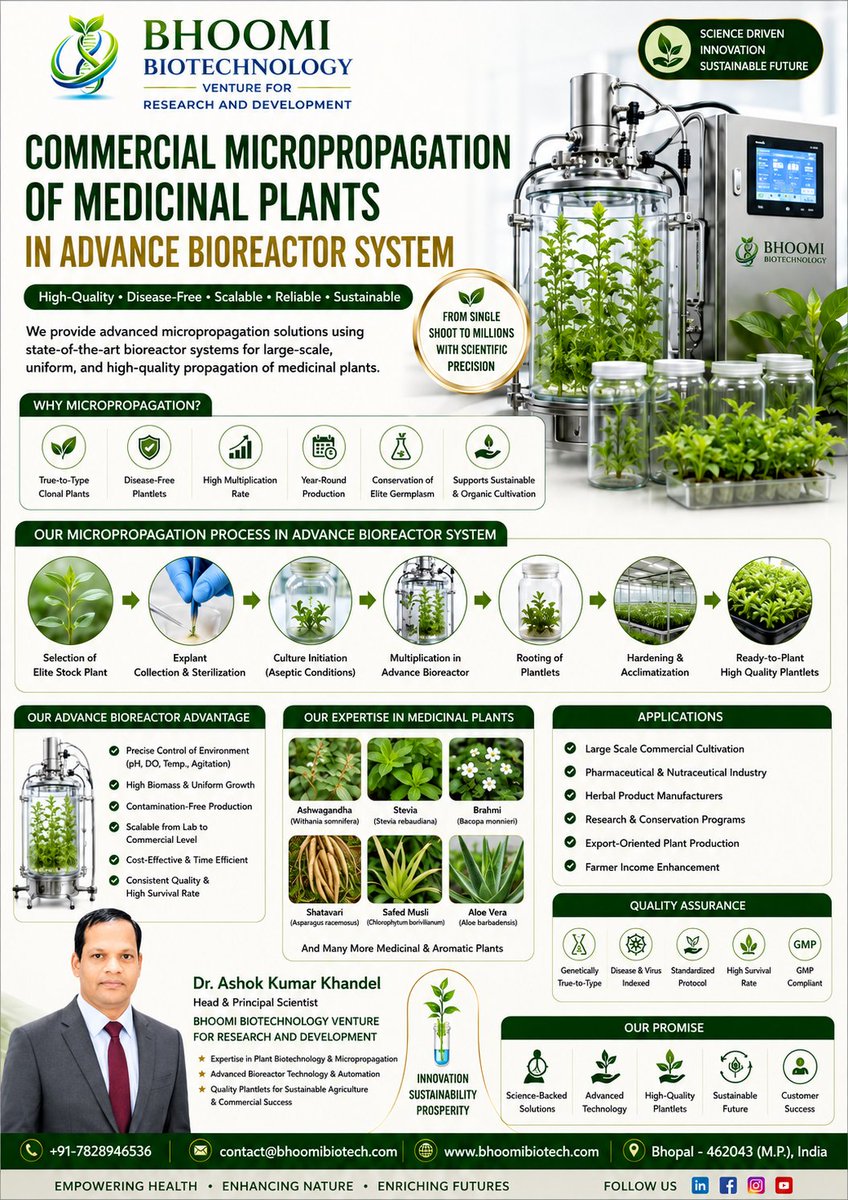 BhoomiBioTechX's tweet photo. Advanced Bioreactor-based Commercial Micropropagation is transforming medicinal plant production through disease-free, high-quality planting material and scalable biotechnology.

#Biotechnology #PlantTissueCulture #MedicinalPlants #Micropropagation #Innovation https://t.co/WUpeCP3iAf