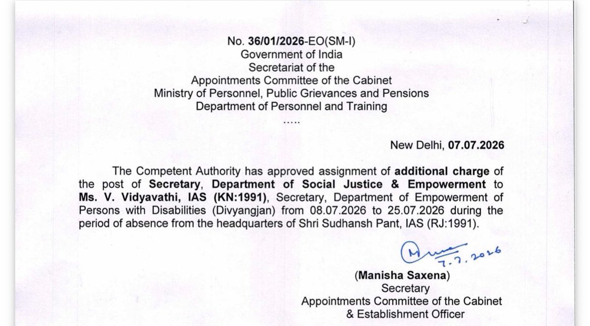 BureaucratsInd's tweet photo. #BITransferPosting 

The Appointments Committee of the Cabinet has assigned additional charge of the post of Secretary, Department of Social Justice & Empowerment, to V. Vidyavathi, IAS (Karnataka: 1991), who is currently Secretary, Department of Empowerment of Persons with Disabilities (Divyangjan).

She will hold the additional responsibility from July 8 to July 25, 2026, during the period of absence of Sudhansh Pant, IAS (Rajasthan: 1991), who is on leave from headquarters.

#transfer #posting #bureaucracy #BureaucratsIndia 

@DoPTGoI @MSJEGOI @socialpwds @DCsofIndia
