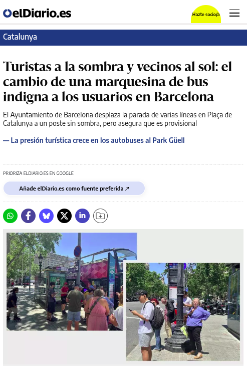 AssBarrisDT's tweet photo. Tot conflicte entre explotació turística i vida quotidiana el guanya el turisme (exemple 1233)
Un lloc desolador, Pl. Catalunya, i una marquesina utilitzada per 4 línies de bus... desviades perquè l'ombra quedi per al bus turístic
#DecreixementTurístic JA!
https://t.co/ZsyeND9gTw https://t.co/Cgr0HDCzpc