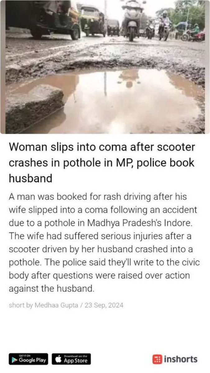 dnfiofkdn's tweet photo. Woman slips into coma after scooter crashes in pothole in MP, police book husband https://t.co/eD6taPm7yc