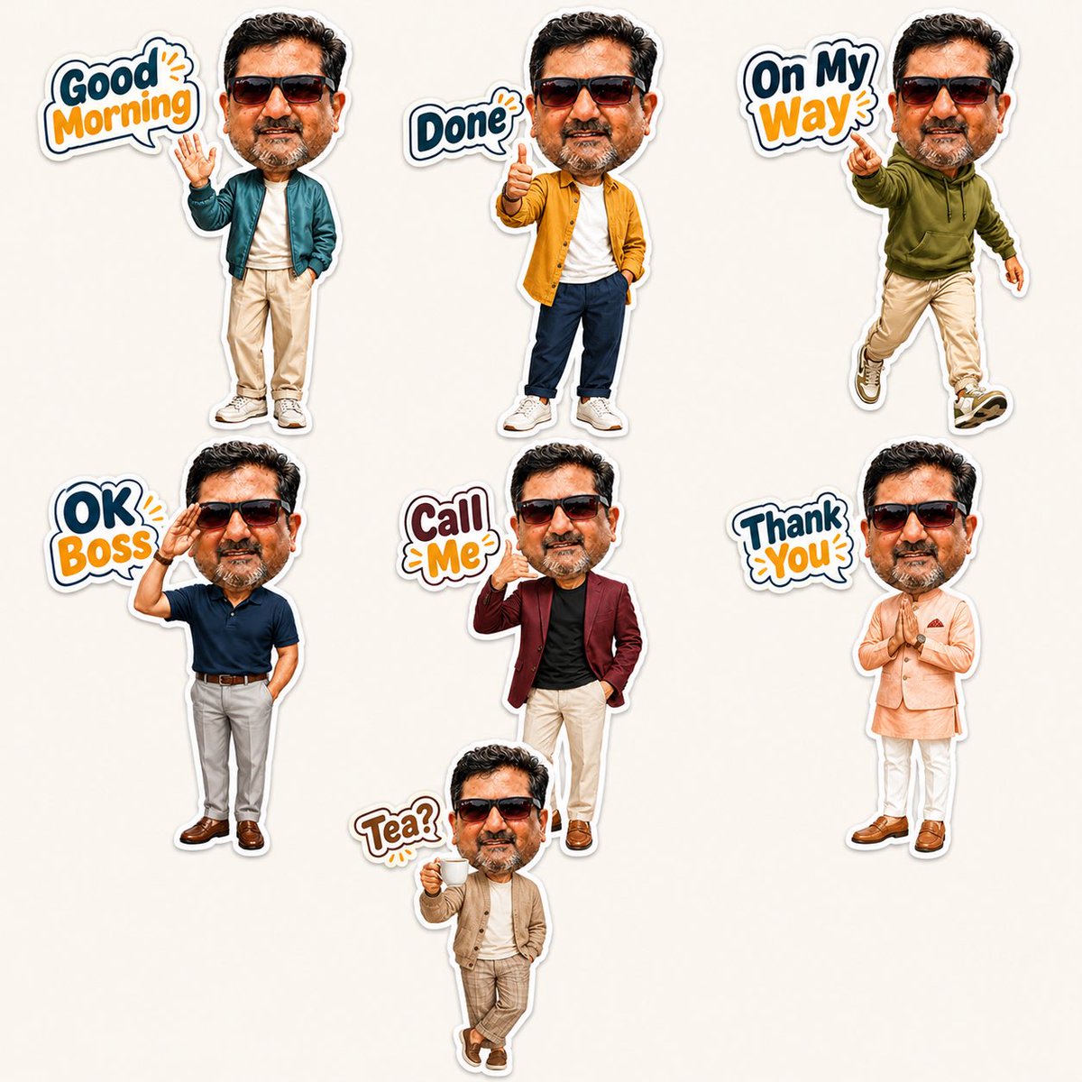 sameergadve's tweet photo. @azed_ai We can go further and create these stickers.

Prompt is simple : Now create multiple daily conversation stickers for WhatsApp using this image we can change the clothes for each sticker. https://t.co/jvlaLGJigM