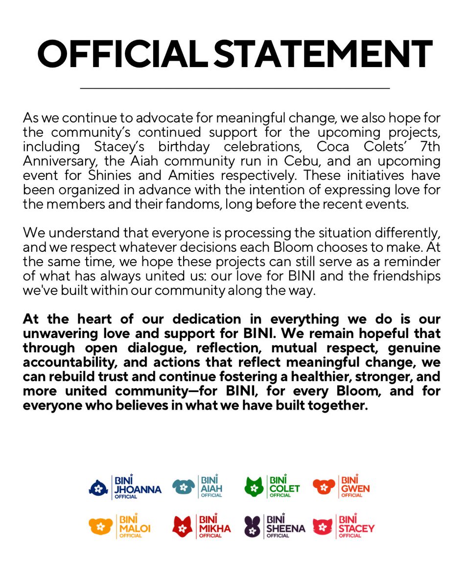 BiniSheenaOFC's tweet photo. OFFICIAL STATEMENT

[@BINI_ph @starmagicphils @direklauren @mqmallari0510] https://t.co/lCko3tUolm