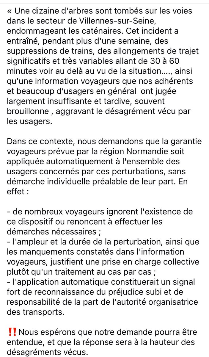 UsagersSNCF's tweet photo. ‼️Au vu de la situation de #crise vécue la semaine dernière, de  l’incident à #Villennes, du manque de #communication criant, des #impacts très importants que nous avons subis, un #courrier et une demande d’application de la garantie voyageur pour tous les #abonnés à eté faite. https://t.co/ObMDIEwHc8