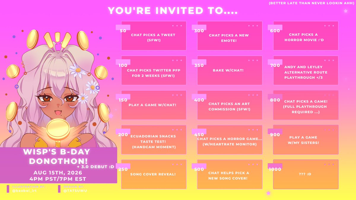 WispSerahill's tweet photo. (late ahh) BDAY DONOTHON DATE &amp; 3.0 DEBUT! 

Sat, August 15th starting @ 4pm pst/7pm est! 

here’s the sheet ahead of time for you fweaks (im the best i know <3) 

be there or else you’re cursed to sleep on a warm pillow every night w/ damp socks &amp; the constant urge to sneeze https://t.co/h14YB6gtEm