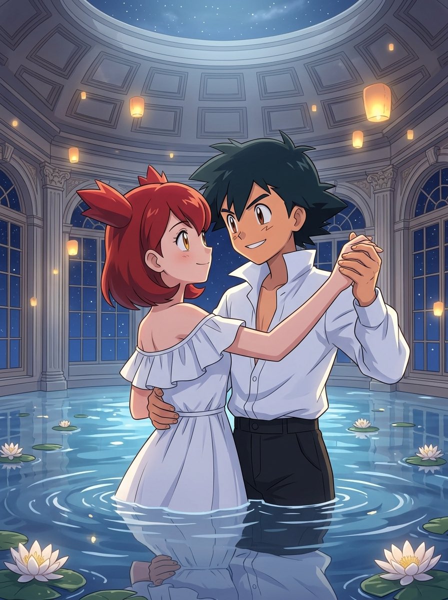 PiratePon's tweet photo. Ash and Bianca dance together at a magical ballroom. #anipoke #pokemon #couple #mareshipping #aiarts #flow https://t.co/NCLR3aOOZ0
