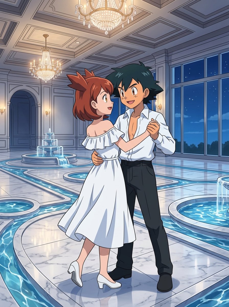 PiratePon's tweet photo. Ash and Bianca dance together at a magical ballroom. #anipoke #pokemon #couple #mareshipping #aiarts #flow https://t.co/NCLR3aOOZ0