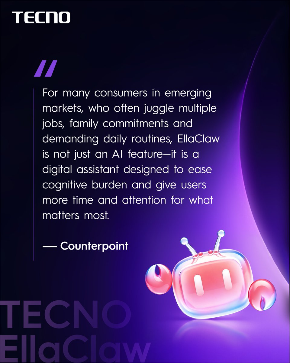 tecnomobile's tweet photo. Smartphones are entering the Agent era — and Counterpoint Research sees TECNO EllaClaw leading the way of practical agentic AI for everyday users. 🚀 Full article is here👇 https://t.co/IZBtO6q0Fo  #TECNO #EllaClaw #TECNOAI https://t.co/M5IpBJVRgA