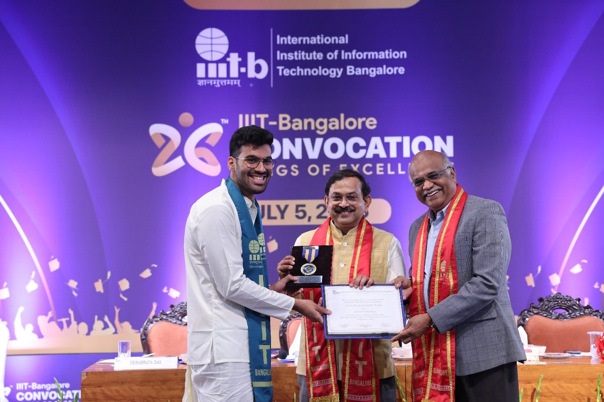 IIITB_official's tweet photo. Celebrating the Class of 2026!

The 26th Annual Convocation of IIIT-Bangalore was a proud and memorable occasion as 316 students graduated across the Integrated https://t.co/uVcYmJDwZU., https://t.co/uVcYmJDwZU., M.S. by Research, and PhD programmes.

The ceremony was graced by Prof. Rajat Moona, Director, IIT Gandhinagar, as the Chief Guest, and Dr. V. Veerappan, Cofounder & President, Tessolve Semiconductor and Chairman, ELCITA, as the Guest of Honour.

Institute Gold Medalists:
• Singuru Manognya – https://t.co/uVcYmJDwZU.
• Subhajeet Lahiri – Integrated https://t.co/uVcYmJDwZU.

This year's Convocation also marked two special milestones:
- Graduation of IIIT-Bangalore's 100th PhD scholar in Computer Science and Engineering
- A global alumni community of over 5,000 members

Congratulations to the Class of 2026! We wish you success, happiness, and many achievements in the years ahead.
.
.
#IIITB #IIITBangalore #Convocation2026 #ClassOf2026 #Graduation #AcademicExcellence #Alumni #FutureLeaders