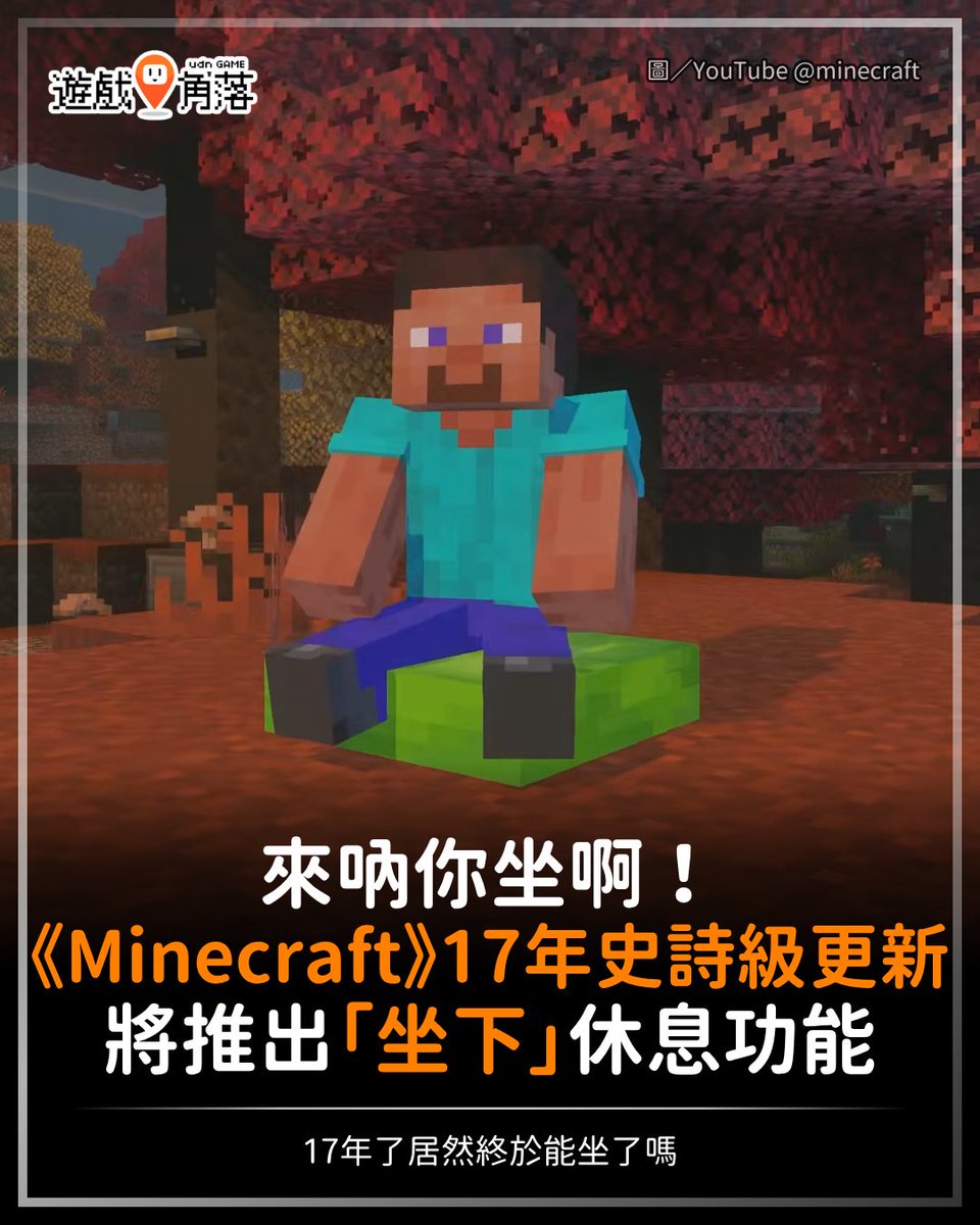 udngame's tweet photo. 【來吶你坐啊（？）《Minecraft》17年史詩級更新】
​
以前《Minecraft》玩家只能透過搭乘礦車或船隻，達成類似坐下的效果；
但在此波更新中，Mojang 將加入可讓玩家自由坐下的「坐墊」。
不少玩家不禁感嘆，本作發展了 17 年終於推出坐下功能呀...... https://t.co/8CKHTgk6dm