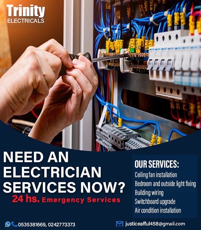 samdarrrko's tweet photo. Need an electrician ASAP?
Trinity Electricals is just a call away — 24/7 emergency service!

💡 Lights, fans, wiring, A/Cs &amp; more!
📞 0535381669 / 0242773373
📧 justiceafful458@gmail.com

DM @UniqueKhisses https://t.co/bE0sgLluPC