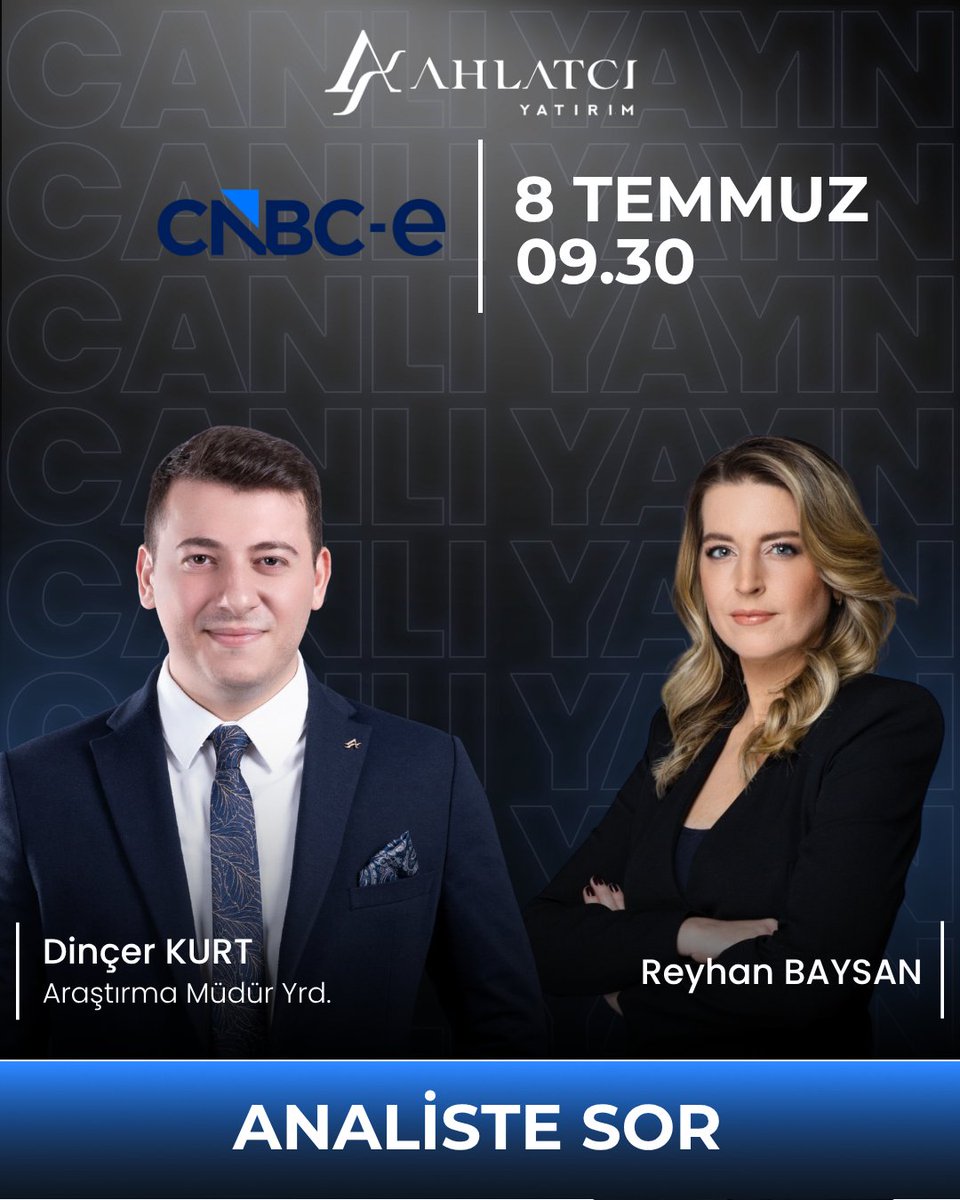 ahlatci_yatirim's tweet photo. Araştırma Müdür Yardımcımız @dincerkurt , bugün saat 09.30’da @cnbceofficial ekranlarında, @reyhanbaysan’ın sunduğu “Analiste Sor” programına canlı yayın konuğu olarak katılacaktır. https://t.co/9JxcbSD30i