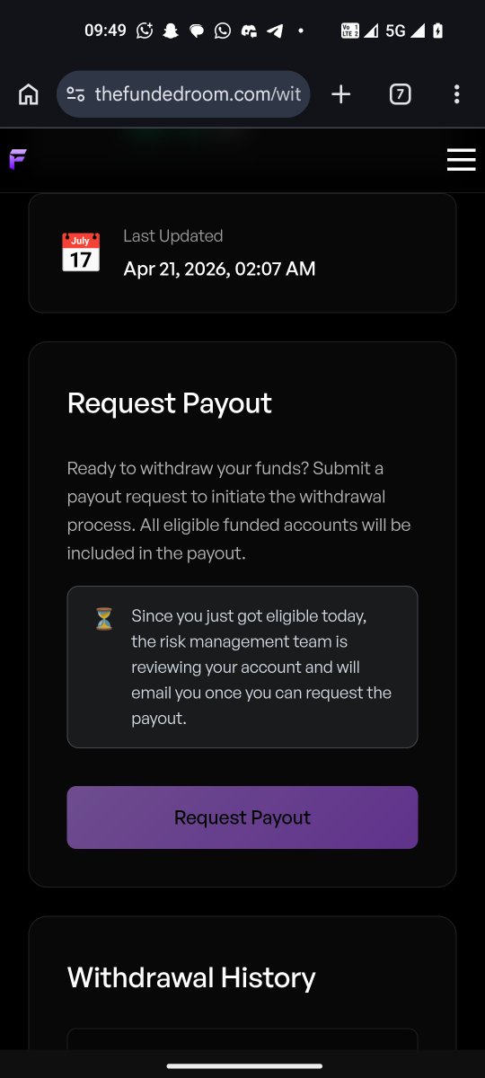 InstagramP8102's tweet photo. @thefundedroom 

Sir please help. 

I am not able to apply for payouts since last 3 weeks. 

The dashboard shows I am eligible but when I try to apply it says under review 

Support says the accounts are in good condition. 

What should I do?

Acc 165858, 169631 https://t.co/HV5aQs0pN3