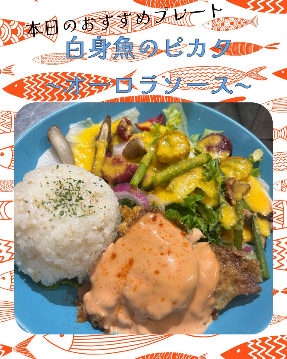 orangeboo2's tweet photo. ただいまのおすすめプレートは

　　　白身魚のピカタ
　　〜オーロラソース〜

ホクホクの白身魚とパルメザンチーズの風味、そこにオーロラソースを添えて。
さっぱりとしながらも、食べ応えのある一品です🐟

ご飯とサラダ付き！🥗

#cafeorangeboots 
#ランチプレート 
#府中グルメ 
#東京カフェ https://t.co/T9FDnVWjTt