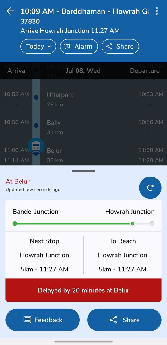 San9131995's tweet photo. 37830 galloping is standing outskirts of Belur since 15 mins and it already late by almost 30 mins, don't know when it will reach Howrah. @EasternRailway becoming useless day by day, they have no accountability and responsibility. @drmhowrah @AshwiniVaishnaw @RailwaySeva https://t.co/bqmrZPFEuh