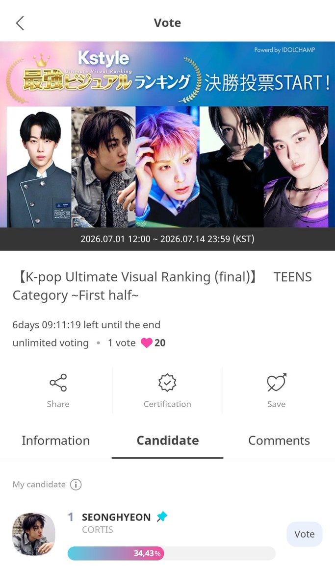 chimmuuv's tweet photo. mau ajak COER khususnya NYONMANIA buat ngevote #SEONGHYEON di IDOLCHAMP.
- pencet tulisan "global" di bawah ichamp kalian,
- scroll smpe dapat Ultimate Visual kategori teenagers (sprti yg ada di ss an ini)
- 1 vote = 20 🩷
- end 14 juli (6 hari lagi) 
- ada hadiah trophy fisik! https://t.co/c0bkz0WvoL