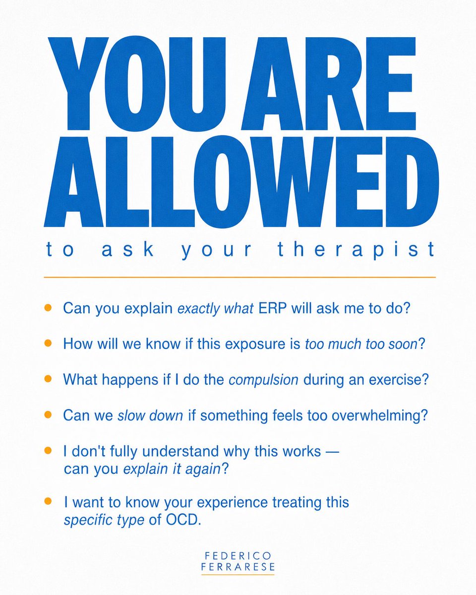 fedfercbt's tweet photo. "What exactly will you ask me to do in ERP?" Most clients are too embarrassed to ask, worried it makes them seem resistant. Asking is the process. A therapist who can't translate ERP into language you actually understand isn't doing their job. https://t.co/GOFKhN8iYh
