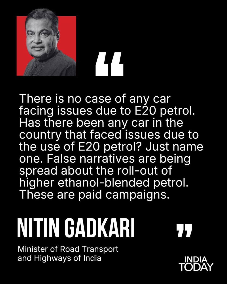 IndiaToday's tweet photo. As questions grow over the impact of ethanol-blended petrol on vehicle performance, Union Minister Nitin Gadkari challenged critics to identify a single car that has suffered damage because of E20 fuel, dismissing concerns as part of a "false narrative".

The remarks come amid a renewed debate over India's ethanol-blending programme after concerns were raised about reduced fuel efficiency, compatibility of older vehicles and the long-term impact of higher ethanol blends on engines.

India has already achieved its target of blending 20 per cent ethanol with petrol - known as E20 fuel - as part of its strategy to reduce crude oil imports, cut carbon emissions and support domestic agriculture.

Read more: https://t.co/RYNIv0ceoA 

#NitinGadkari #E20 #EthanolBlending #Petrol #Automobile #FuelPolicy #GreenFuel