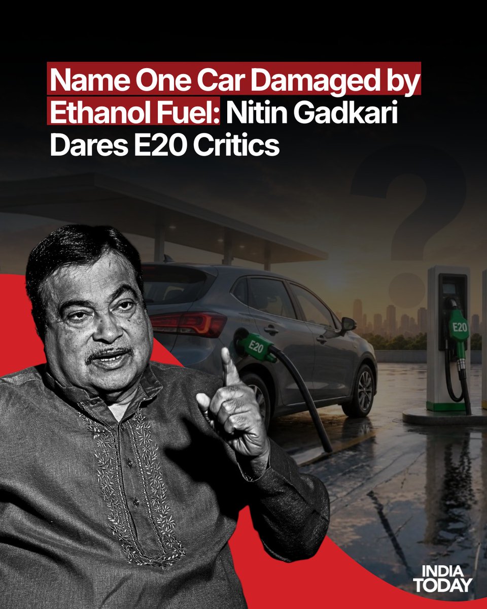 IndiaToday's tweet photo. As questions grow over the impact of ethanol-blended petrol on vehicle performance, Union Minister Nitin Gadkari challenged critics to identify a single car that has suffered damage because of E20 fuel, dismissing concerns as part of a "false narrative".

The remarks come amid a renewed debate over India's ethanol-blending programme after concerns were raised about reduced fuel efficiency, compatibility of older vehicles and the long-term impact of higher ethanol blends on engines.

India has already achieved its target of blending 20 per cent ethanol with petrol - known as E20 fuel - as part of its strategy to reduce crude oil imports, cut carbon emissions and support domestic agriculture.

Read more: https://t.co/RYNIv0ceoA 

#NitinGadkari #E20 #EthanolBlending #Petrol #Automobile #FuelPolicy #GreenFuel