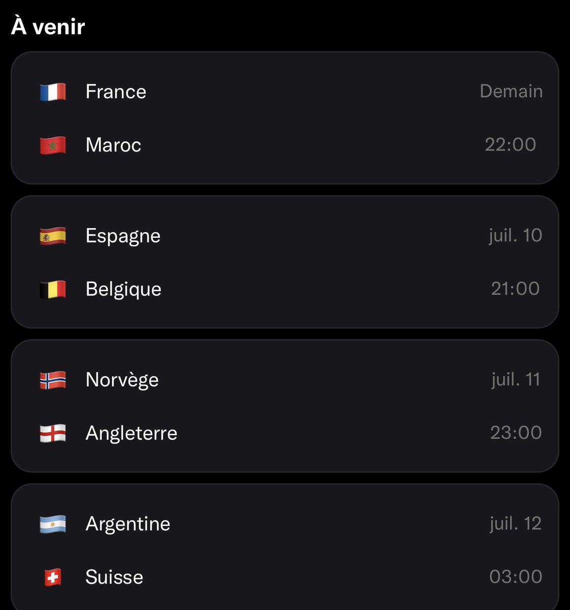 rcxane's tweet photo. Encore une fois, je ne minimise pas l'équipe Suisse hein je suis même contente qu'ils soient en quarts.. mais pour ces quarts on a quand même 3 gros match avec 6 grandes nations du football puis... on a l'Argentine face à la Suisse 🤡. 

#worldcup https://t.co/5tenQQOiRl
