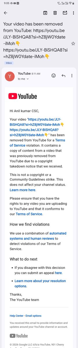 sahani00's tweet photo. Dear @TeamYouTube, my multiple 100% original videos are being falsely removed under 'Terms of Service' violations. These videos only contain my own voice and content recorded by me. It seems like a system glitch. 

My channels:
1. TECH INFO SOLVE
2. ANIL KUMAR CSC

Please help me https://t.co/yW66vrEZwJ