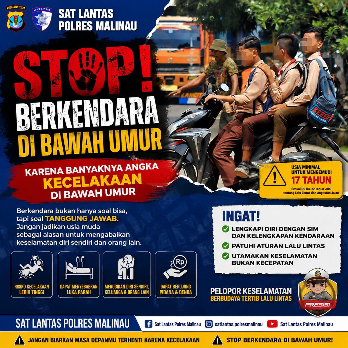 MalinauSat's tweet photo. Berkendara bukan hanya soal bisa mengendarai kendaraan,tetapi juga membutuhkan kematangan, tanggung jawab,serta kepatuhan terhadap aturan lalu lintas. Pengendara di bawah umur memiliki risiko lebih tinggi mengalami kecelakaan yang dapat membahayakan diri sendiri maupun pengguna. https://t.co/tgdWYsZQue