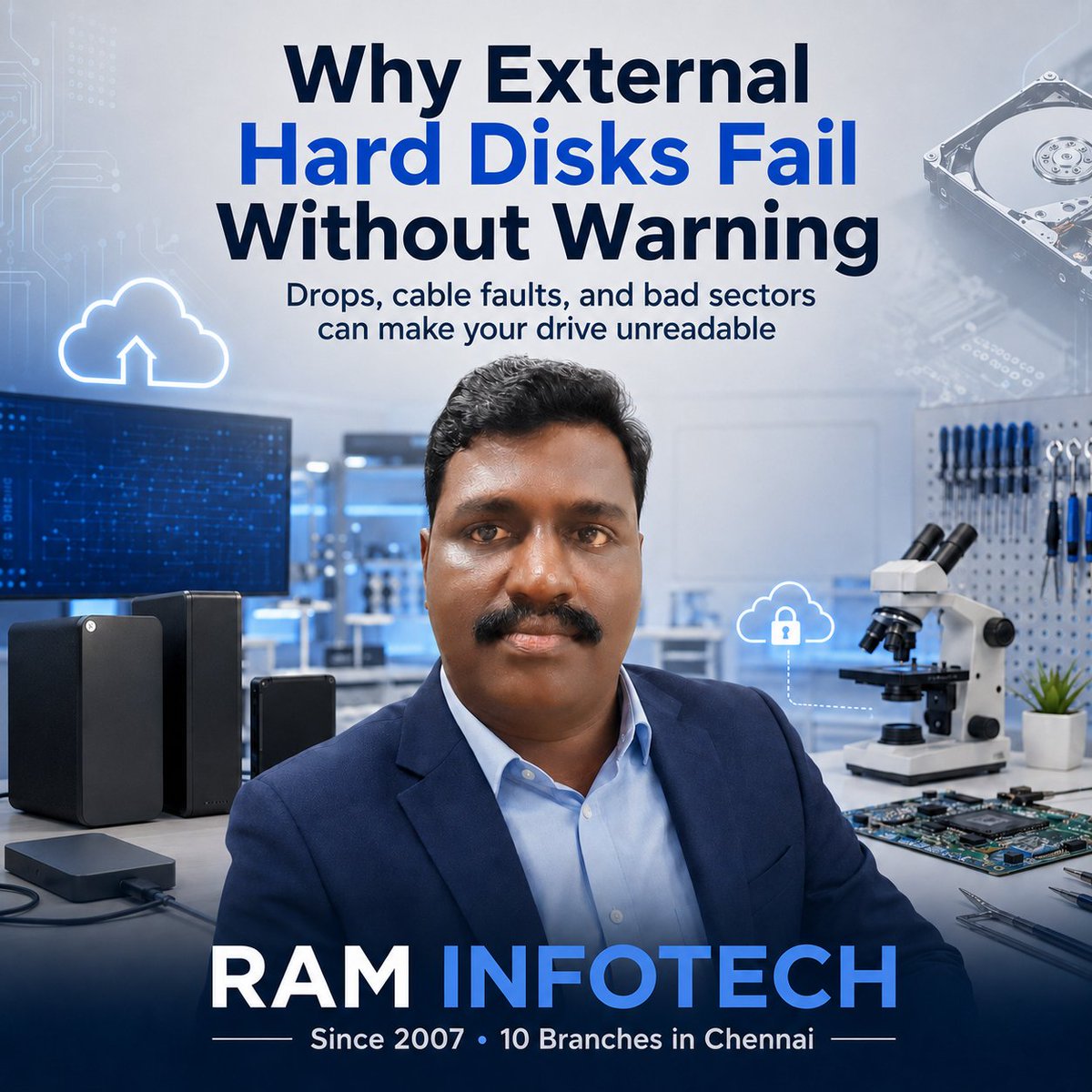raminfotechsen2's tweet photo. External hard disk failures often come from drops, cable faults, or bad sectors. Trust comes from how you respond calmly and carefully. Over 15 years, discipline in service builds lasting customer relationships. #DataRecovery #TechSupport #FounderThoughts https://t.co/3ixGTL1lut