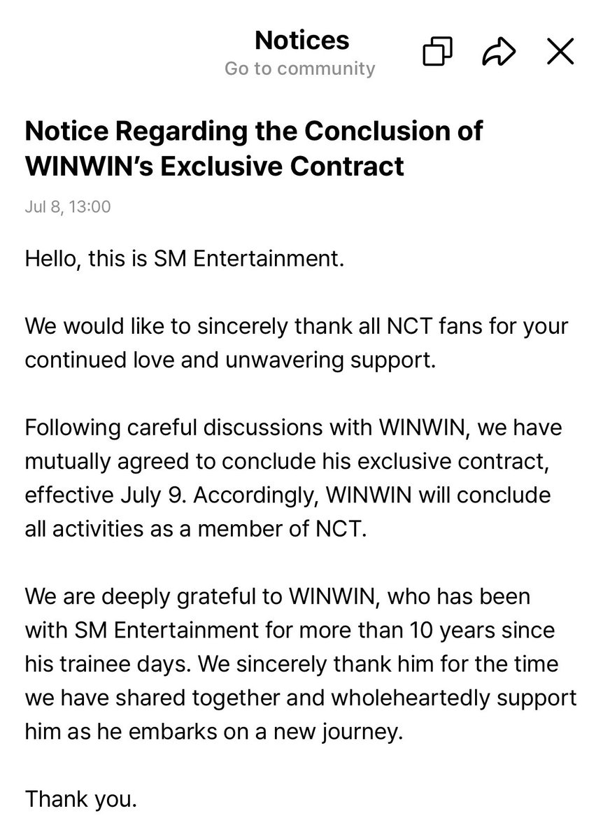 NCT__Indonesia's tweet photo. #WINWIN tidak melanjutkan kontrak dengan SM Entertainment. Winwin juga tidak lagi menjadi member NCT per 9 Juli 2026 https://t.co/gKih6RDFFE