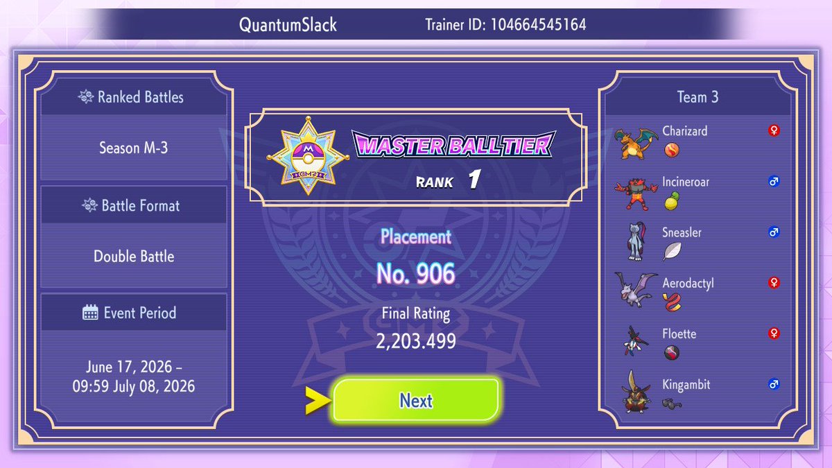 QuantumSlack's tweet photo. Settled with this elo yesterday. Didn't try to push further because I don't want to tilt and lose more pionts. Will try to get the champion tiered trainer title this season! https://t.co/IemfTclKKn
