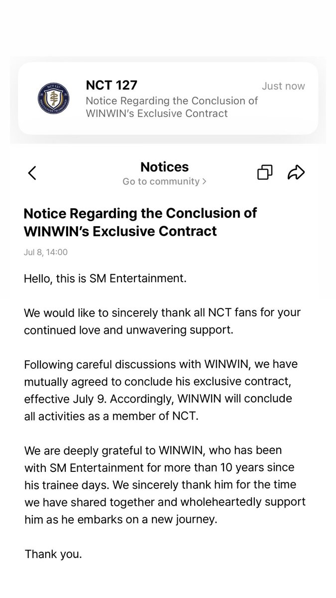 haeloveleee's tweet photo. winwin concluded his exclusive contract with SM &amp; will be leaving NCT..tbh expected him to leave but surprised to receive the news under NCT 127 notice..he’s really the OG 127 member after all! anyway all the best to him! tho im sure haechan will miss his winwin hyung dearly 🥹 https://t.co/EOL30gXp3A