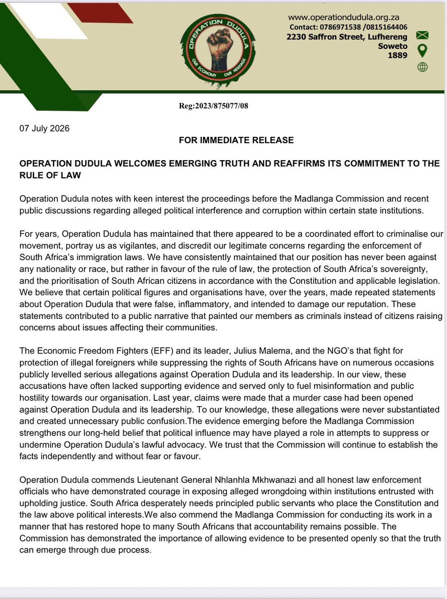 0perationDudula's tweet photo. For Immediate Release 

Operation Dudula notes with keen interest the proceedings before the Madlanga Commission and recent public discussions regarding alleged political interference and corruption within certain state institutions. https://t.co/v4TUSwZ4aZ